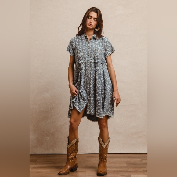BiBi Dresses & Skirts - Washed Floral Denim Frayed Short Sleeve Dress S M L XL